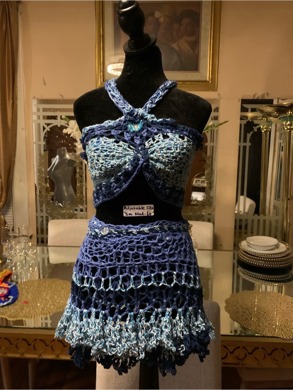 OOAK Handmade Blue Crochet Top & Mini Skirt